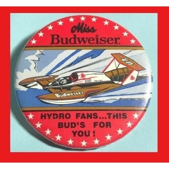 1980's Miss Budweiser Hydro Fans This Buds for You! Pinback Button - Picture 3 of 3